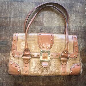 Michael Kors Vintage Caramel Leather Barrel Croc Embossed Purse Shoulder Bag